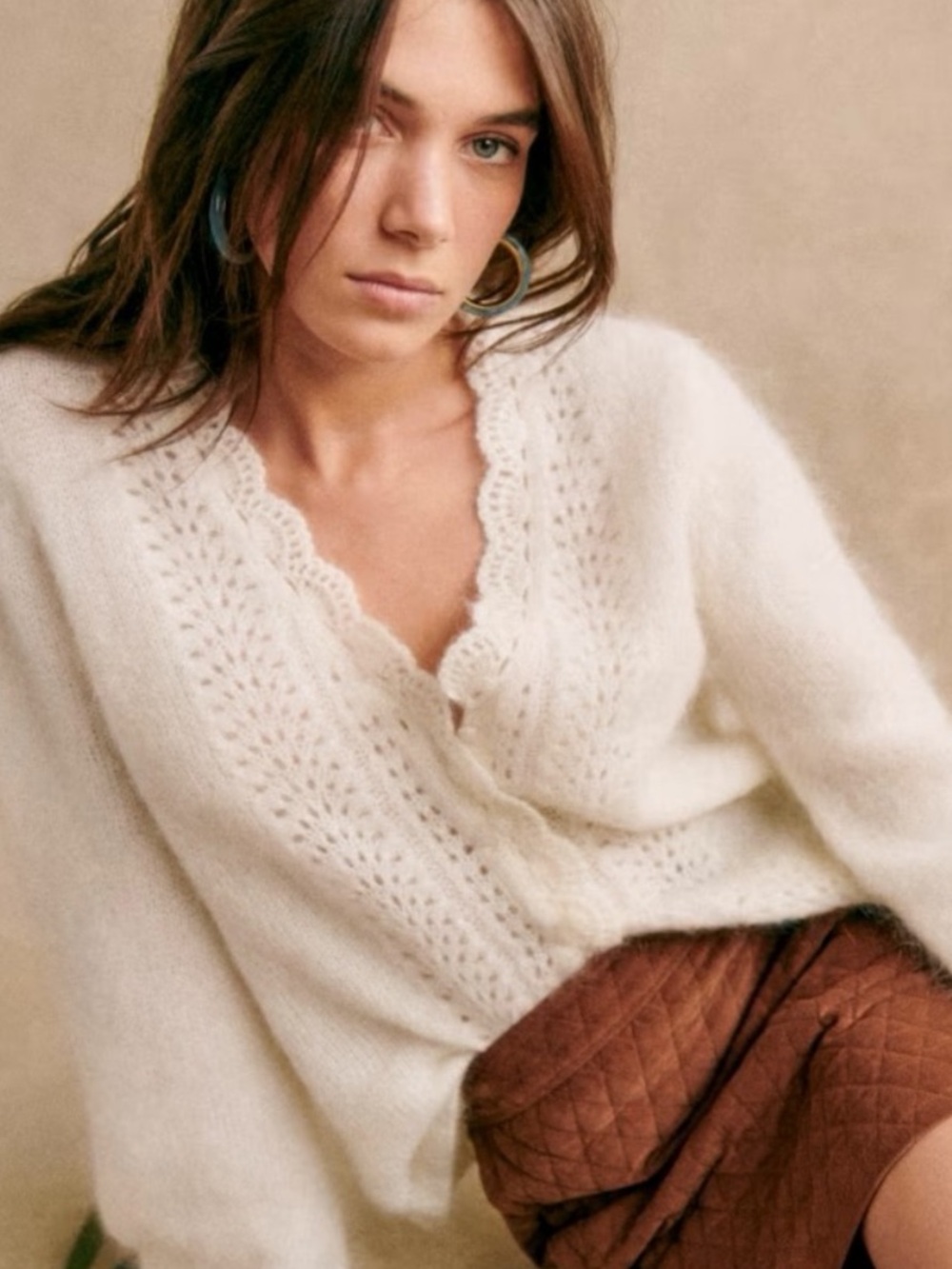 Sezane Angelie Pointelle Mohair Wool Knit V Neck Sweater Cardigan Ecru White